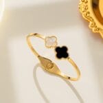Black and White Clover - Open Cuff Stainless Steel Bangle