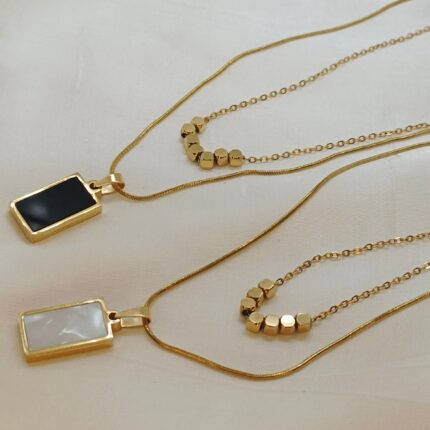 Korean Style Stainless Steel Double Layered Necklace with Cool Double Sided Pendant and Steel Beads