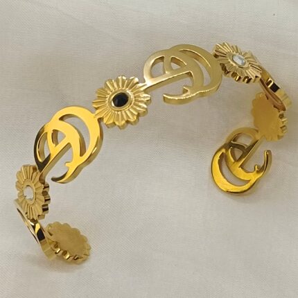 Stainless Steel Golden Bracelet with GG-Inspired Logo and Floral Design