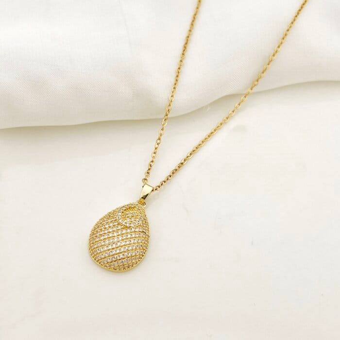 Shiny Stainless Steel Zircon Tear Drop Pendant Necklace