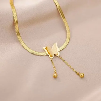 Fashion Gold Plated Stainless Steel Flat Snake Bone Chain Matting Butterfly Long Tassel Choker Necklace