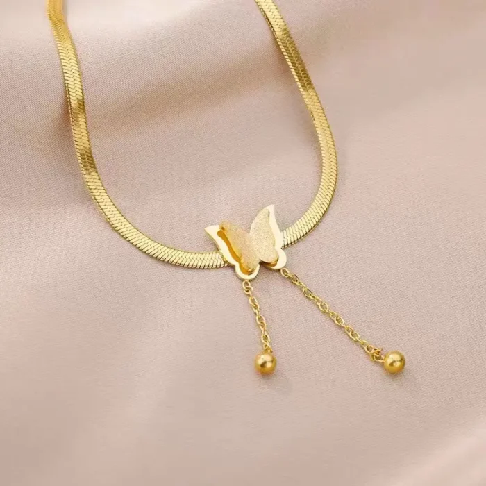 Fashion Gold Plated Stainless Steel Flat Snake Bone Chain Matting Butterfly Long Tassel Choker Necklace