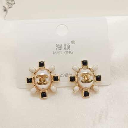 CC Pearl Black Enamel Stainless Steel Stud Earrings