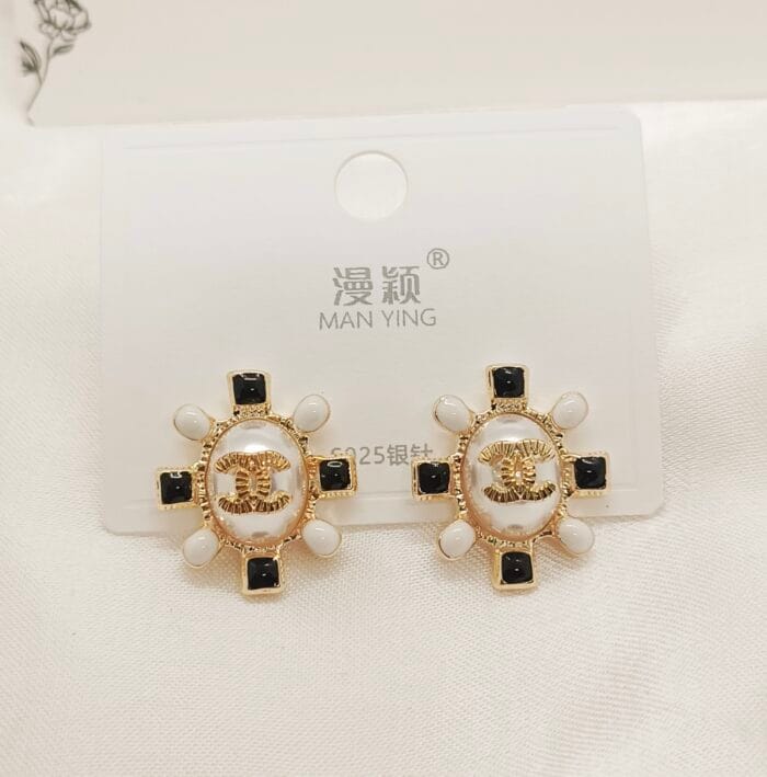 CC Pearl Black Enamel Stainless Steel Stud Earrings