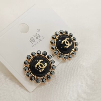 CC Logo Round Button Vintage Black Stud Earrings