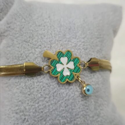 Stunning Stainless Steel Flower Blue Evil Eye Charm Bracelet