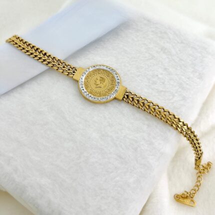 18kgold Plated Twisted Curb Chain With Round Plate & Printed Portrait & Rhinestone Decor Bracelet
