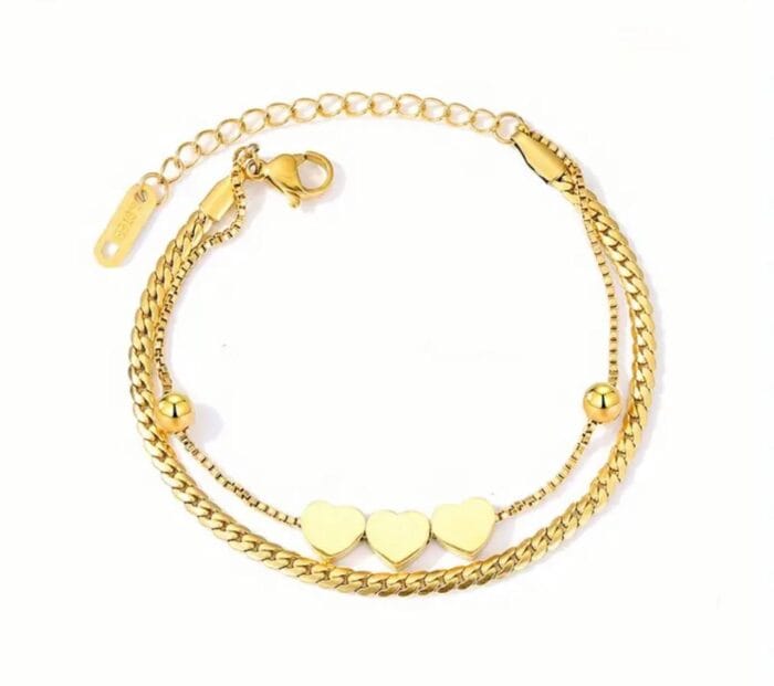 Double Layer Heart Charm Gold Bracelet