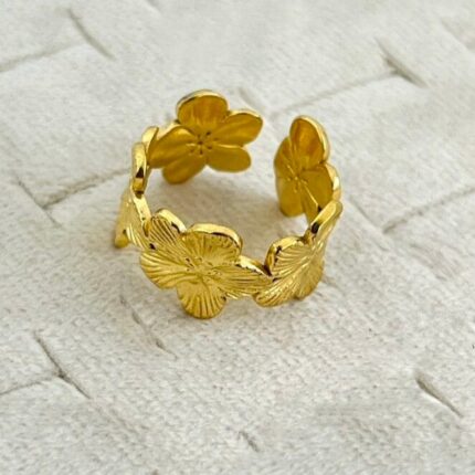 Water Proof Flower Shaped Gold Plated Adjustable Stainless Steel Ring