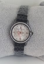 Stylish Stone Studded Round Dial Black Ladies Watch