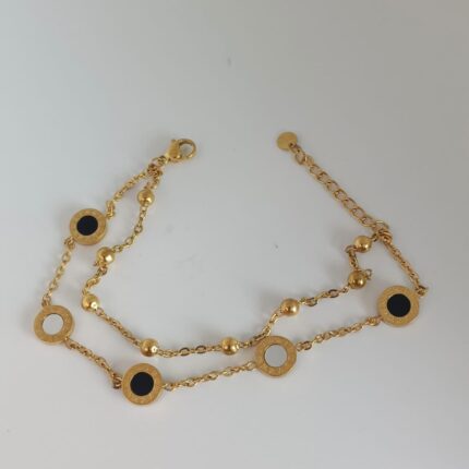 Gold Stainless Steel Double Layer Black & White Adjustable Chain Bracelet