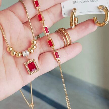 Luxury 3 Layer Red Zircon Necklace Set (4 pcs) | Anti Tarnish | Water Proof